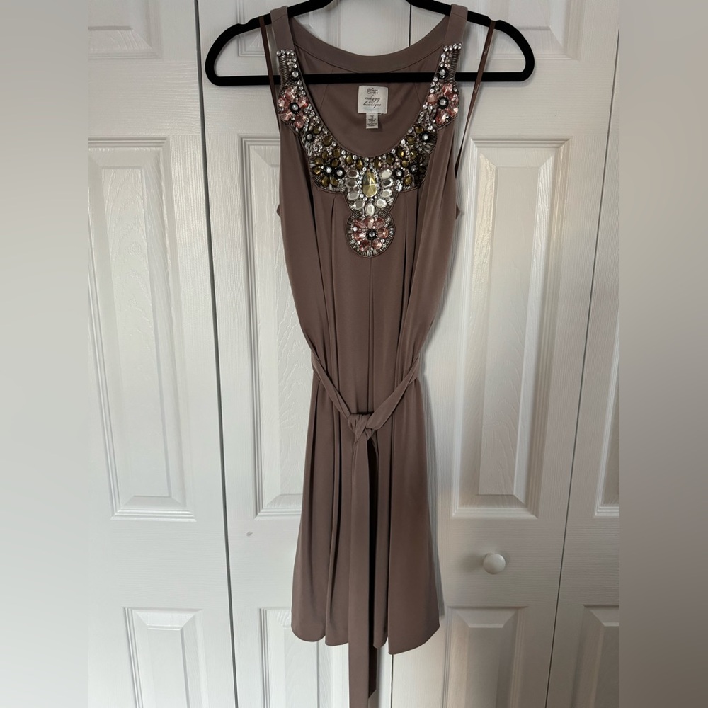 Suzi Chin - Size 12 Taupe/Mauve Jeweled mini swing dress with tie waist - Picture 2 of 5